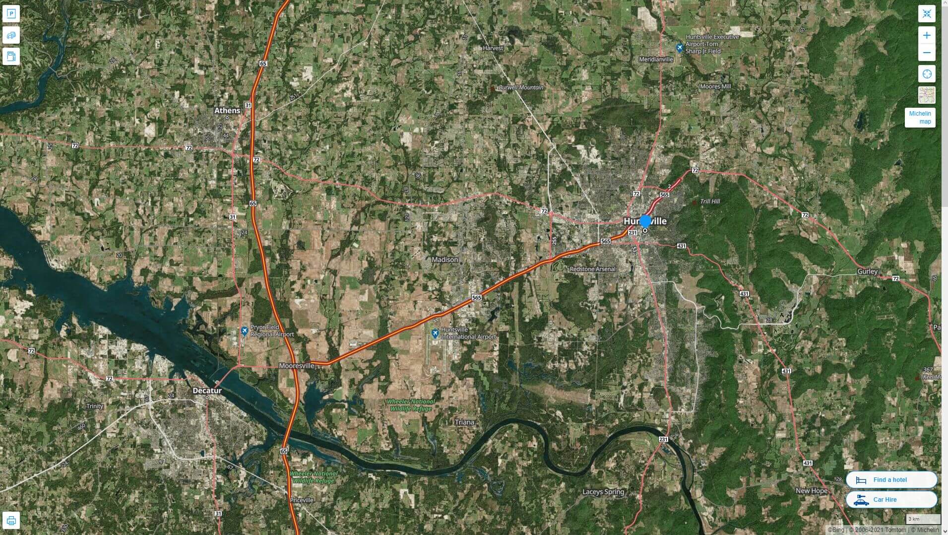 Huntsville Alabama Highway and Road Map with Satellite View